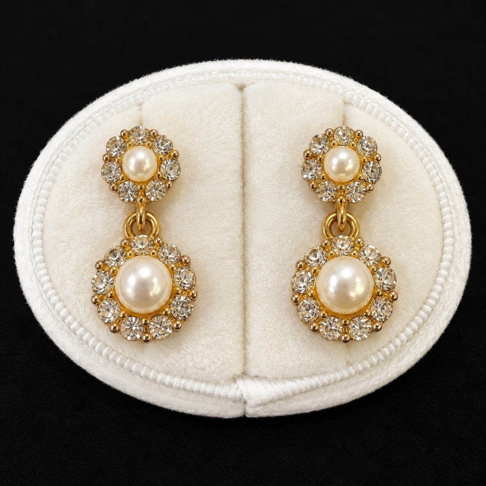 Faux Pearl Rhinestone Drop Earrings Gold Tone UV Reactive Floral Halo Pierced